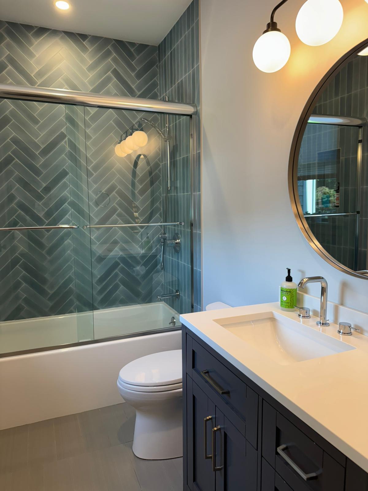 Clean bathroom vanity and mirror
